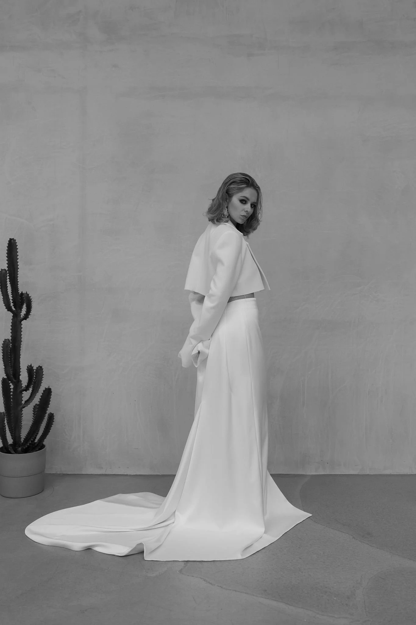 The bride is in the studio in Bon Bride outfit