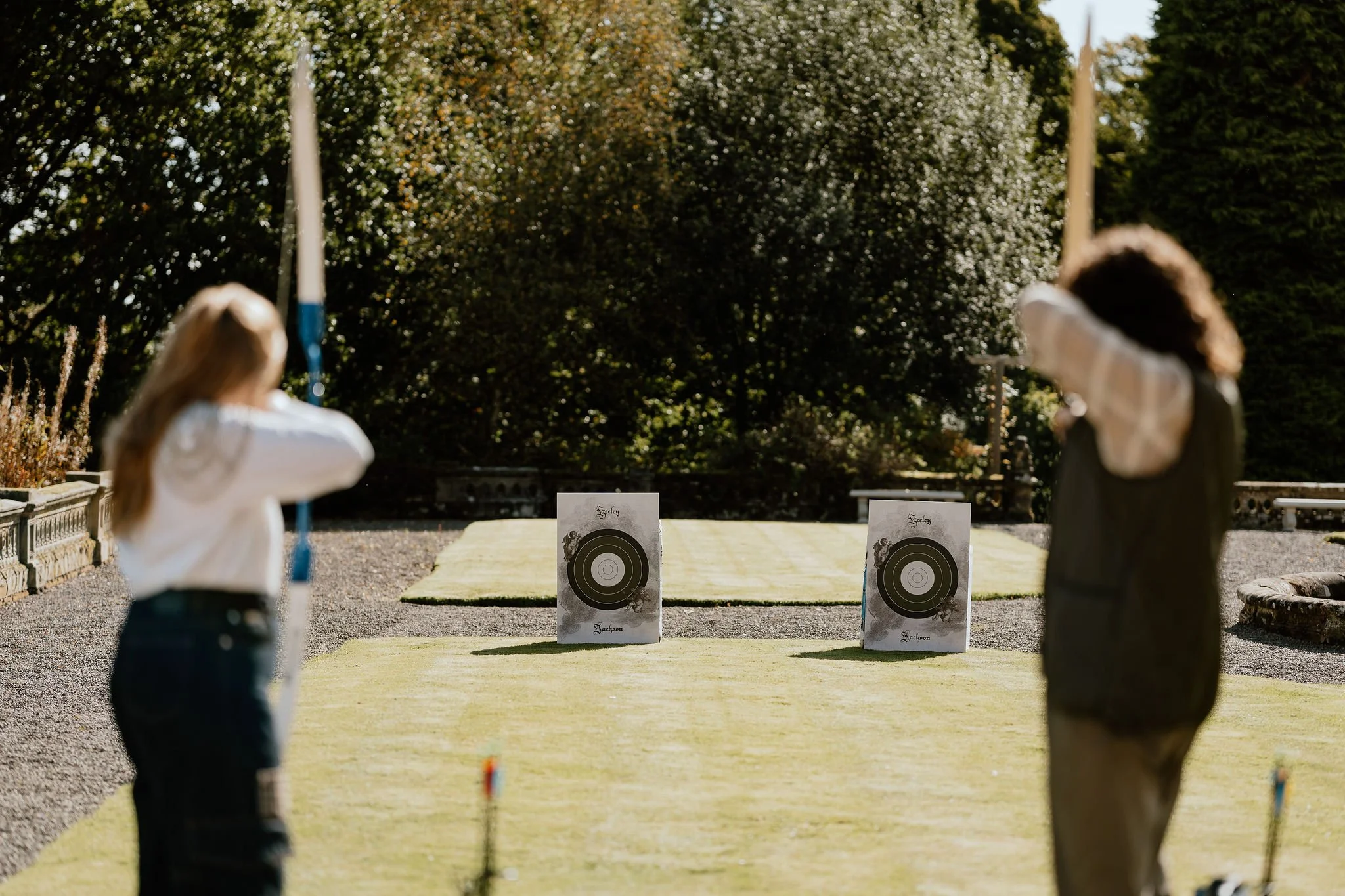The welcome party for the American couple and their guests. The archery welcome party at Auchen castle.