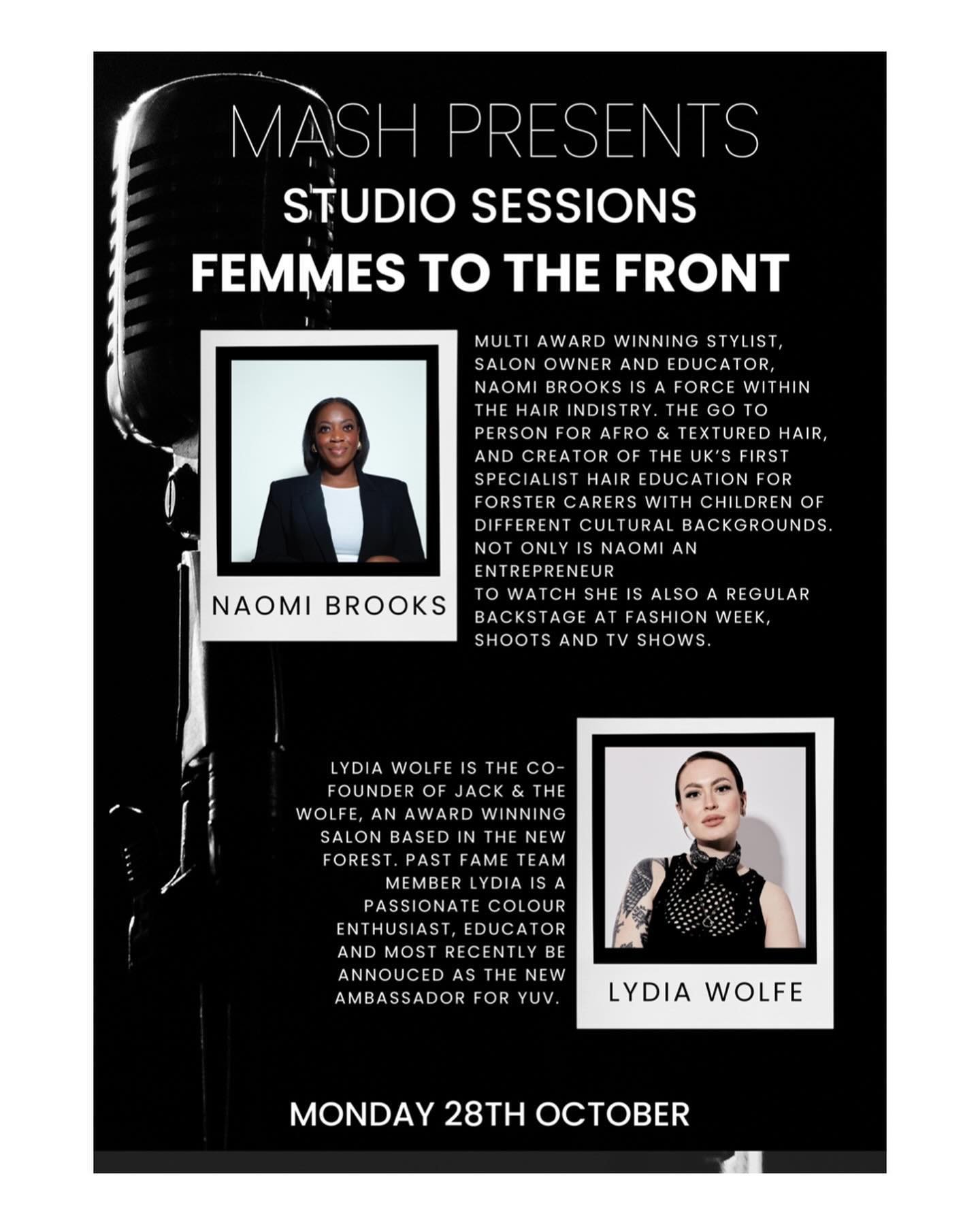 We are very excited to announce the first of our MASH PRESENTS STUDIO SESSIONS line up- 

The incredible 
@thelifeofnaomib &amp; @lydwolfehair 

Not only are these women hugely inspiring but they are extremely genuine. We can&rsquo;t wait to hear the