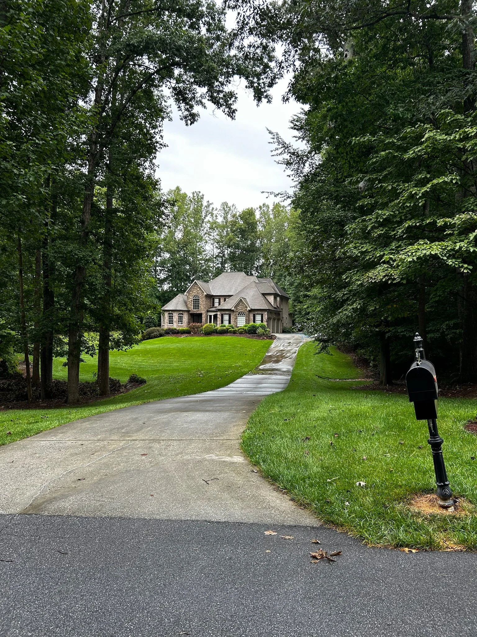 A winding driveway leading up to a large house surrounded by trees and a well-maintained lawn, with a black mailbox on the right side near the driveway.