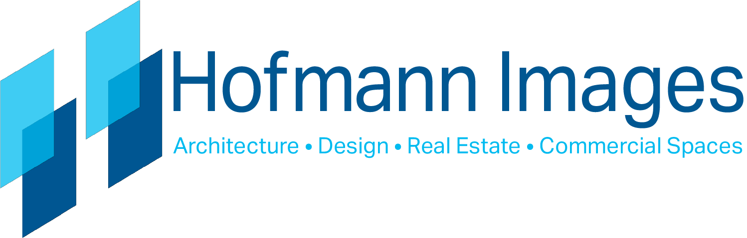 Logo for Hofmann Images, an architecture, design, real estate, and commercial spaces company with a blue abstract design on left and company name and services on right.