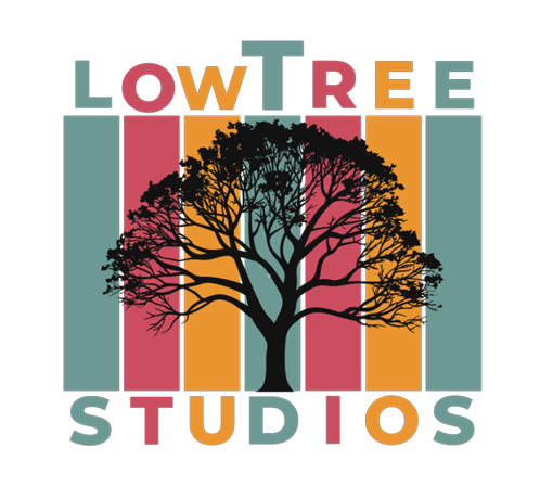 Logo for Low Tree Studios featuring a black tree silhouette with colorful vertical stripes in the background.