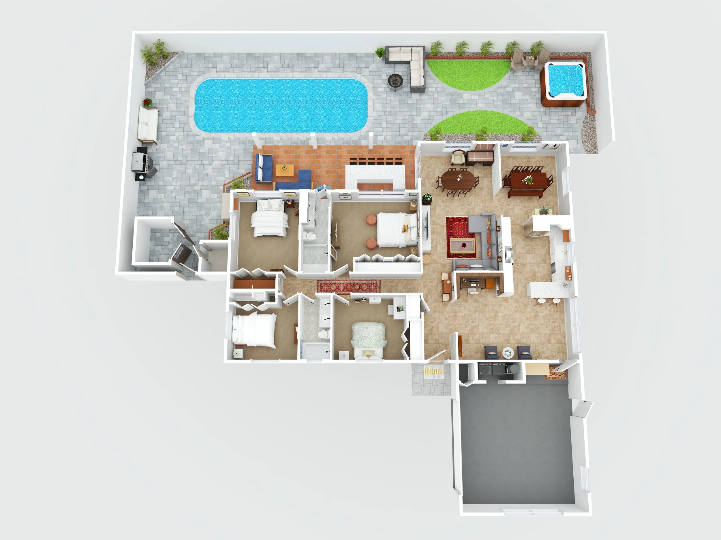 Sample color 3D floor plan of a house with a backyard featuring a pool, hot tub, patio, outdoor seating, and green lawn areas. The indoor area includes bedrooms, living room, dining room, kitchen, bathrooms, laundry room, and garage.
