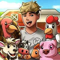 Cartoon of a person with farm animals in front of a barn