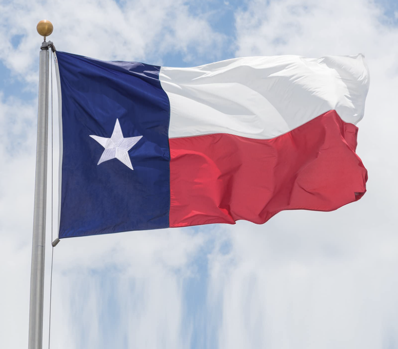 Texas state flag waving against a cloudy sky
