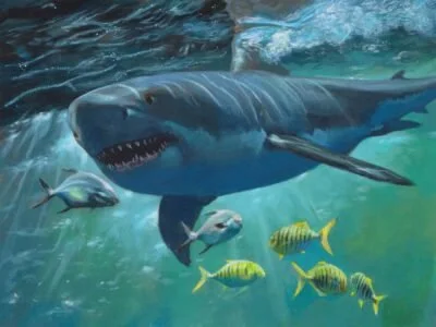 A large shark swimming underwater alongside smaller fish, including yellow and striped species.