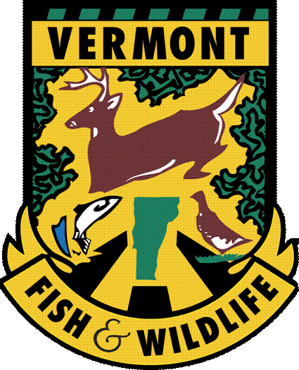Vermont Fish and Wildlife emblem with a deer, a fish, and a bird on a yellow background
