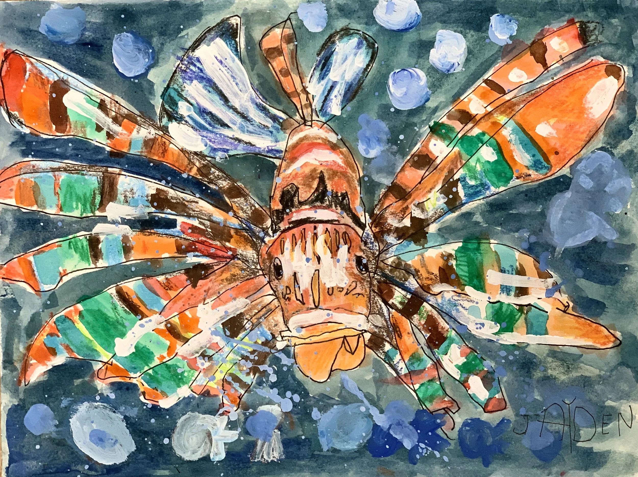 Colorful watercolor and ink painting of a dragonfly with striped orange, green, blue, and brown wings, flying amid a dark blue background with white and blue circular splashes.