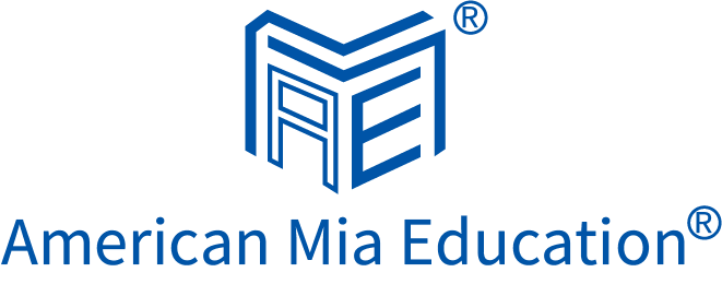 Logo of American Mia Education with stylized blue geometric design and text.