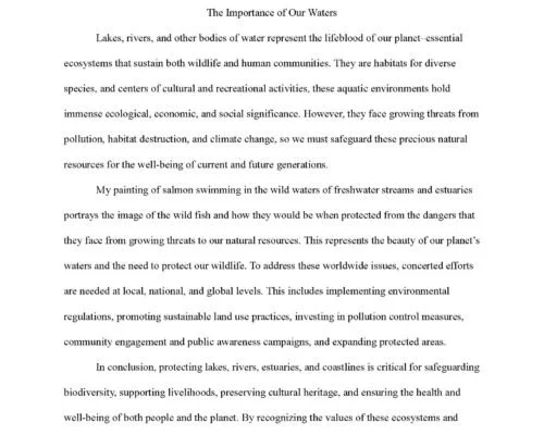 A page of text discussing water ecosystems, their ecological and social importance, threats they face, and the need for conservation efforts.