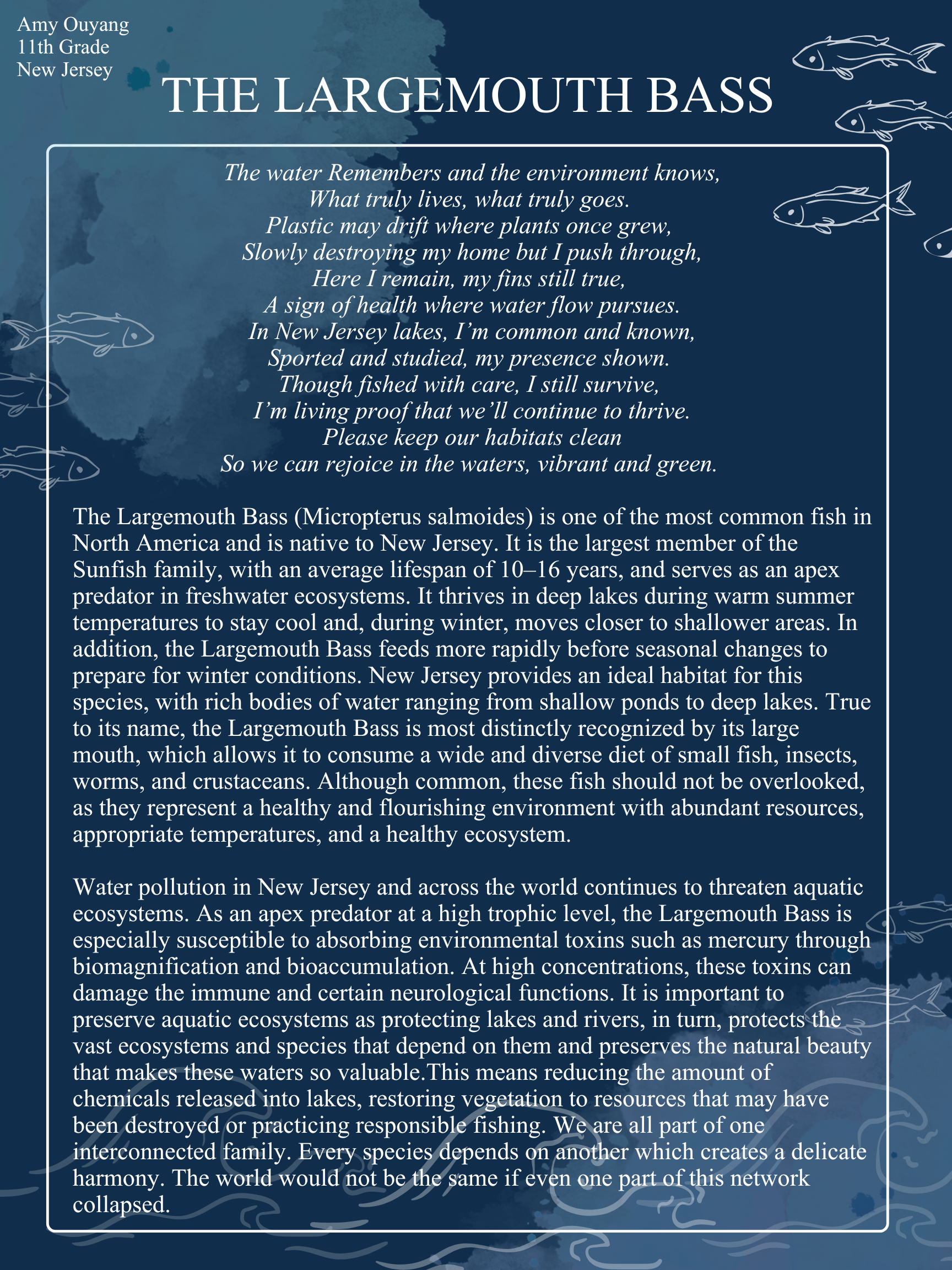 A printed poem titled 'Why We Should Be Protecting the Oceans' by Sen Chen, dated February 14, 2025, discussing ocean pollution, its impact on wildlife, particularly fish, and advocating for ocean conservation.