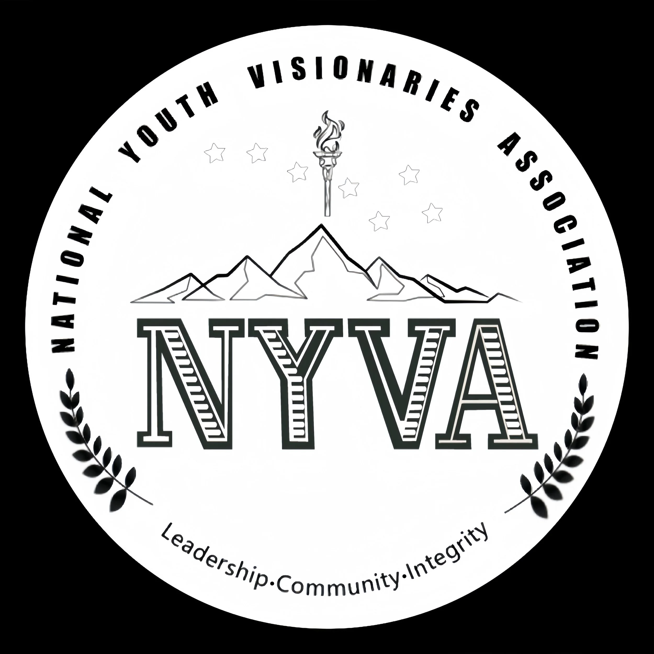 Black and white logo of the National Youth Visionaries Association with a mountain and torch symbol, stars, and text emphasizing leadership, community, and integrity.