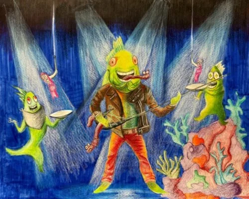 Colorful underwater scene with anthropomorphic fish playing musical instruments and dancing, illuminated by stage lights.