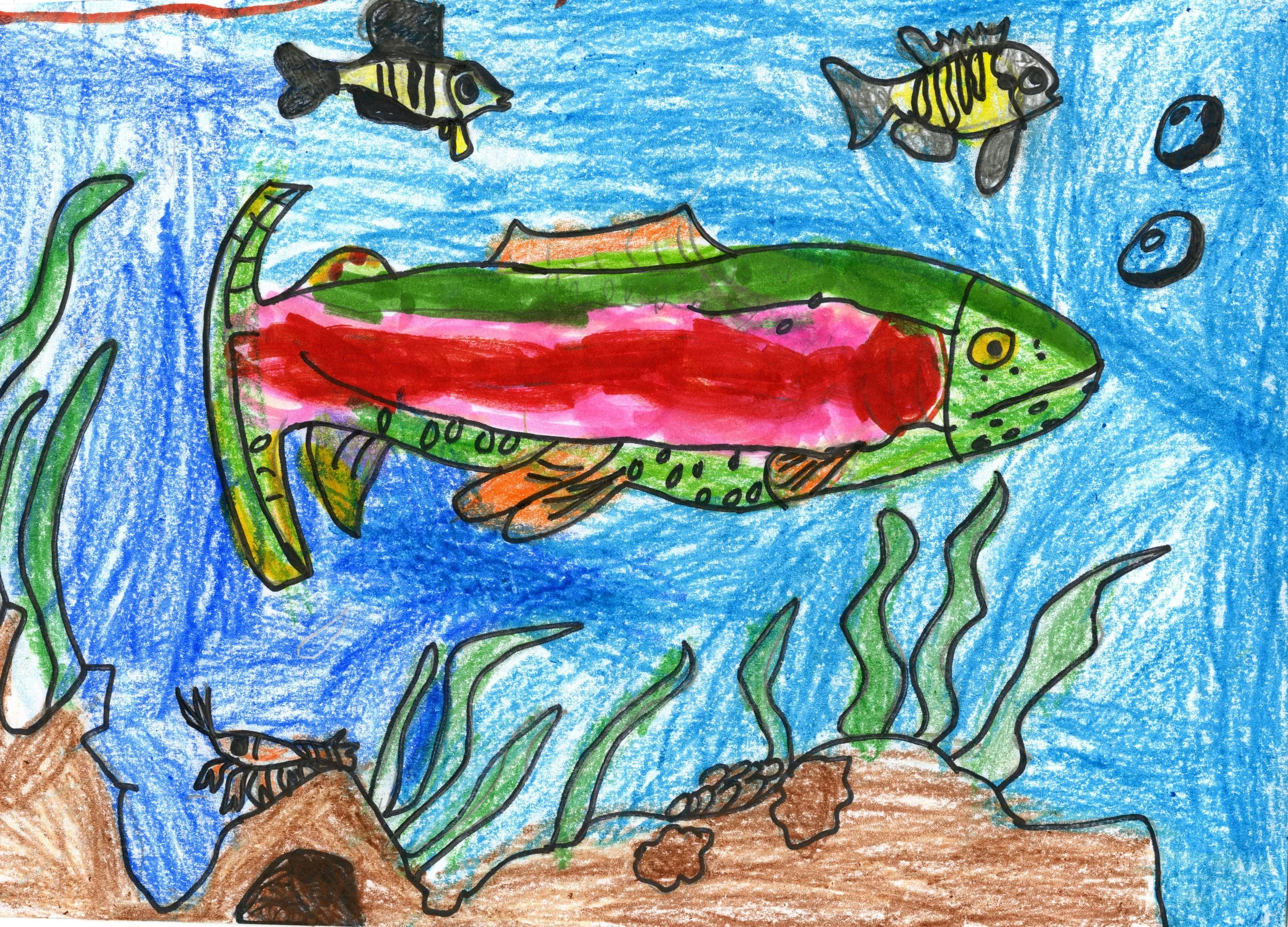 Colorful children's drawing of an underwater scene with a large, green and red fish, two smaller yellow striped fish, seaweed, rocks, and bubbles in the background.