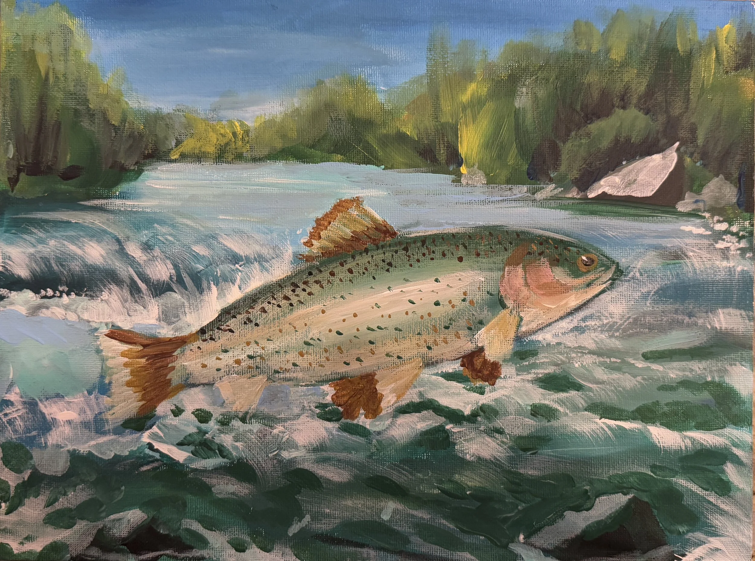 A painting of a fish swimming in a river with green trees and boulders in the background.
