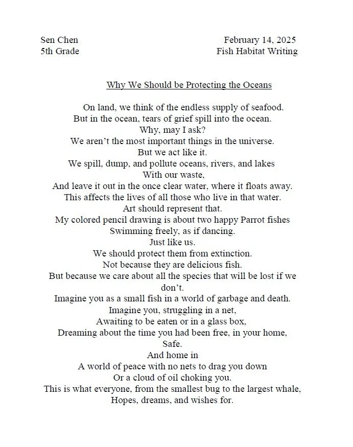A printed poem titled 'Why We Should Be Protecting the Oceans' by Sen Chen, dated February 14, 2025, discussing ocean pollution, its impact on wildlife, particularly fish, and advocating for ocean conservation.