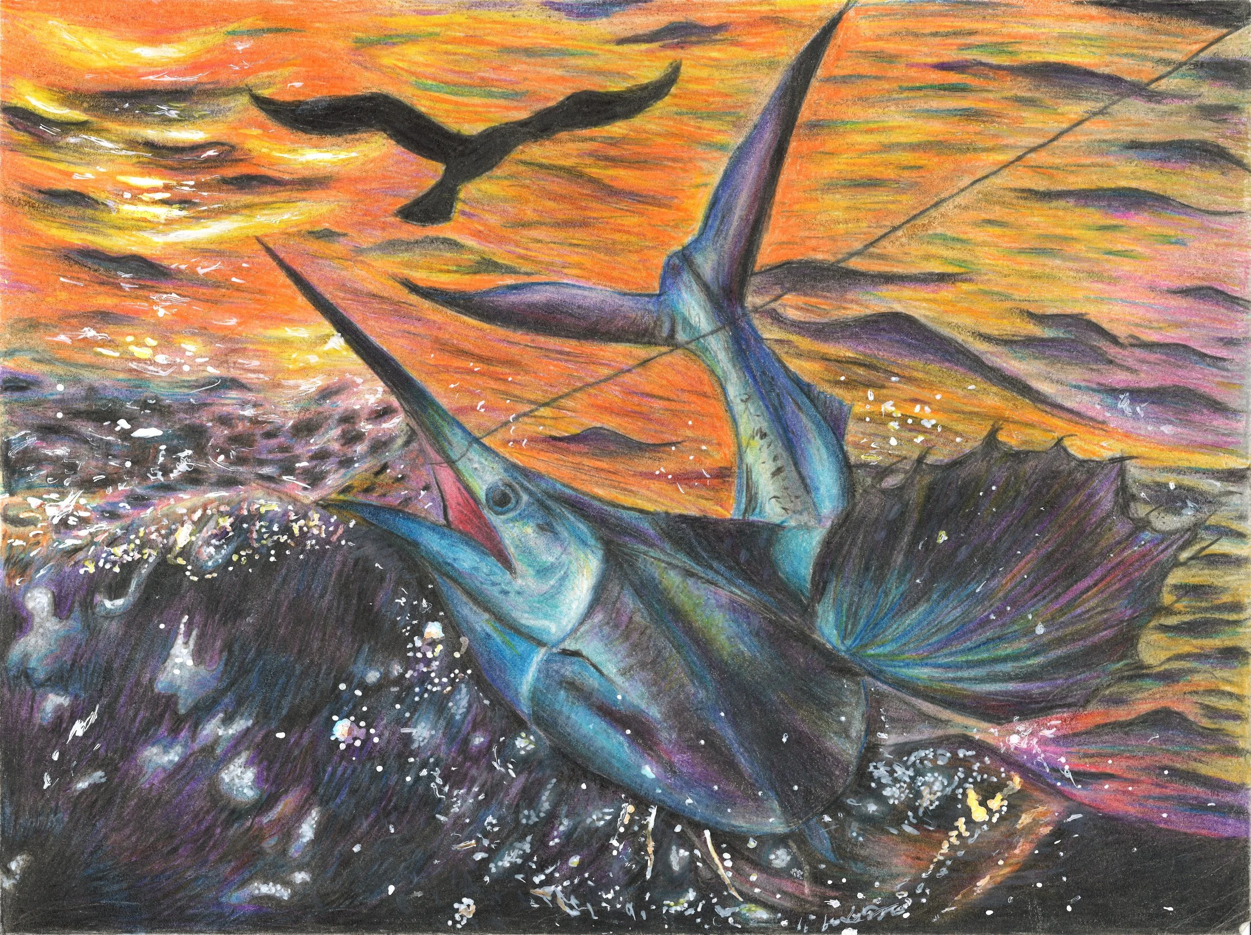 A colorful painting of a marlin jumping out of the water during a sunset, with birds flying in the background.
