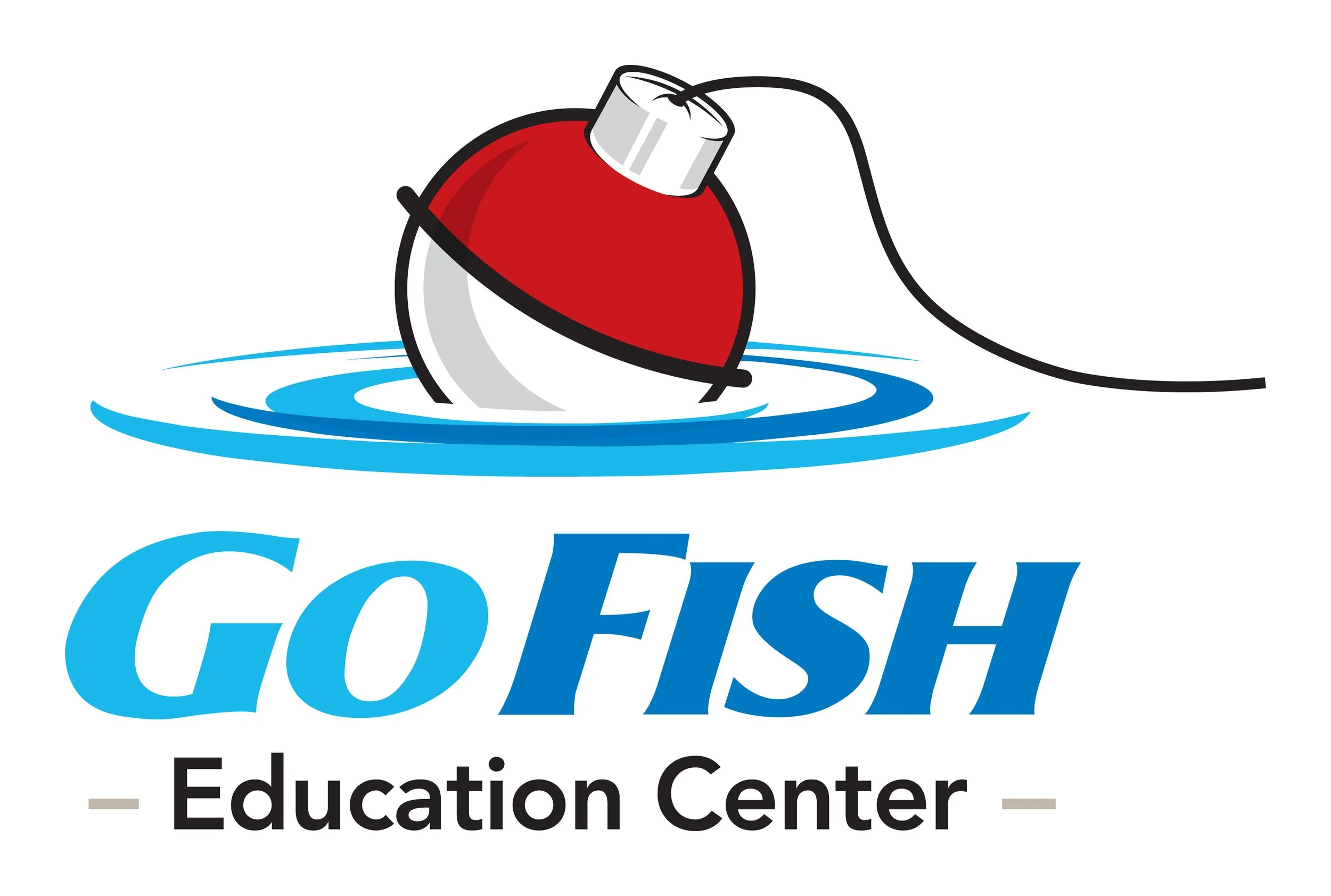 Logo for GO FISH Education Center featuring a cartoon-style fishing bobber in red and silver floating on water with ripples, and the text 'GO FISH' in blue and 'Education Center' in black.