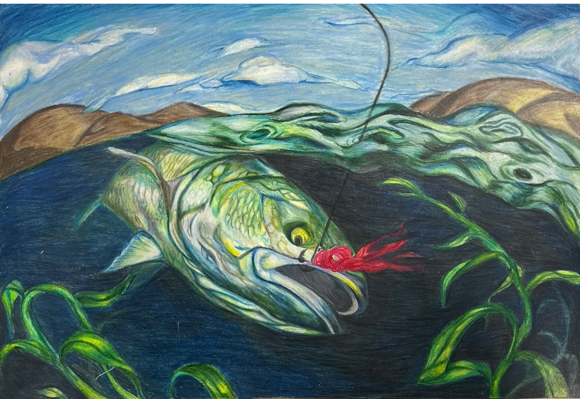 A vivid painting of a large fish underwater, being caught with a fishing line and red lure, surrounded by green aquatic plants and distant mountains under a blue sky with clouds.