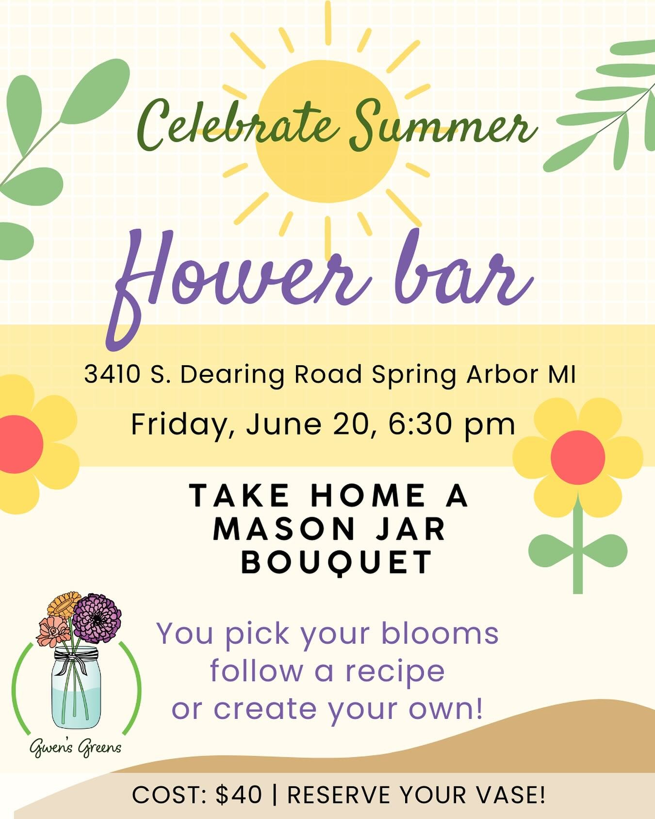 Let's have some flower fun 🌸 on the first day of summer! 😎 Message me here to RSVP. We have limited space so reserve your spot now!
#gwensgreens #gwensblooms #goodnessandbeauty