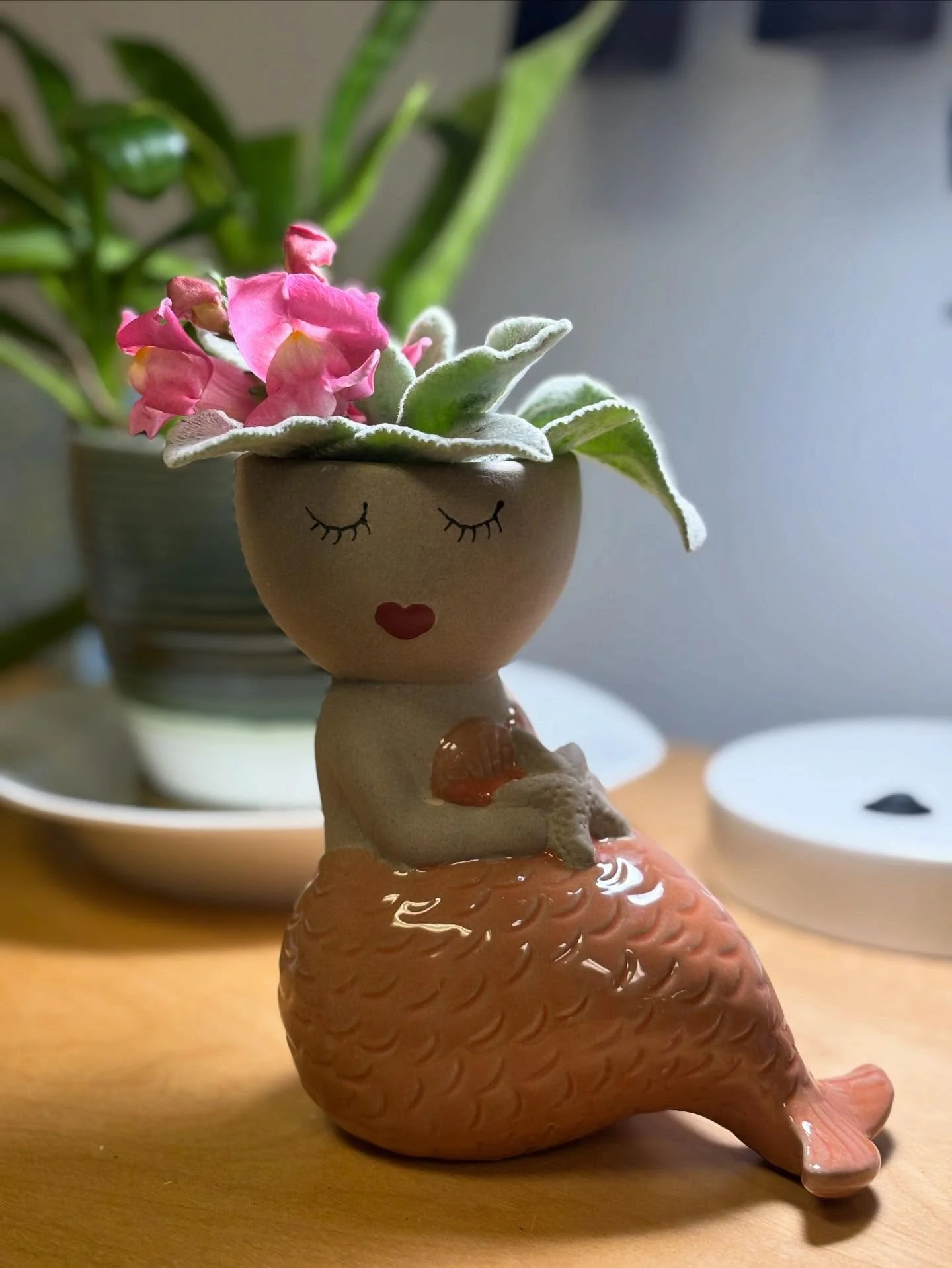 Jasmine is wearing a Lambs Ear cap with a Snapdragon embellishment today. #jasmineatgwensgreens #gwensgreens #lambsearandsnaps