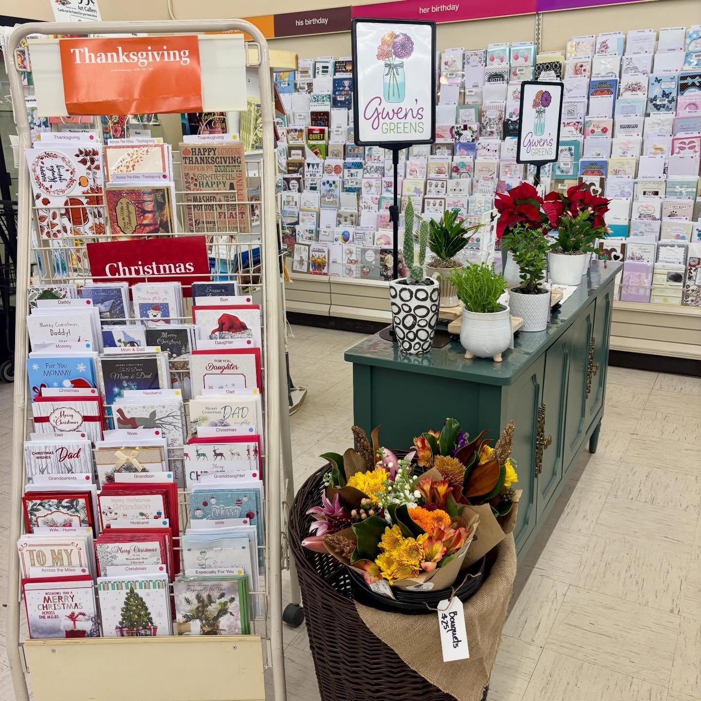 🦃Thanksgiving is coming! Check out the new Gwen's Greens cooler in the greeting card area at the East end of HUTCH'S FOOD CENTER for your centerpiece and gifts! 😁