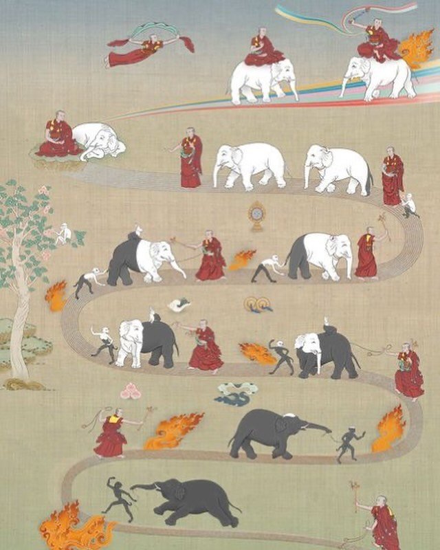 One version of one of the oldest infographics. Tibetan Buddhist and depicts the stages and insights that come with specific meditation methods to calm the mind, then see through false conceptions and ride the paradox  fearlessly to help others recogn