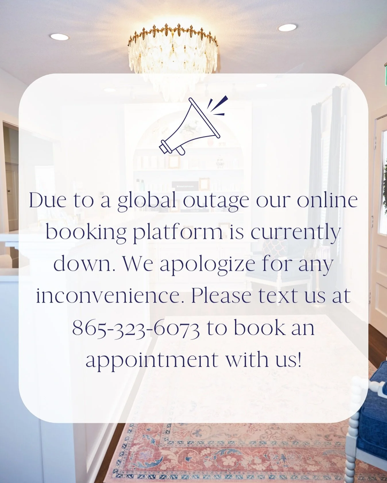 Due to the global outage affecting apps and online systems today, our booking platform is temporarily down.
If you&rsquo;d like to schedule an appointment, text us at 865-323-6073 and we&rsquo;ll get back to you tomorrow when we&rsquo;re back in the 