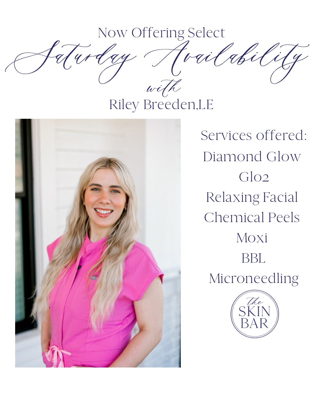 Promotional poster for The Skin Bar, showcasing Riley Breedon, a smiling woman with long blonde hair in a pink top, and listing available skincare services.