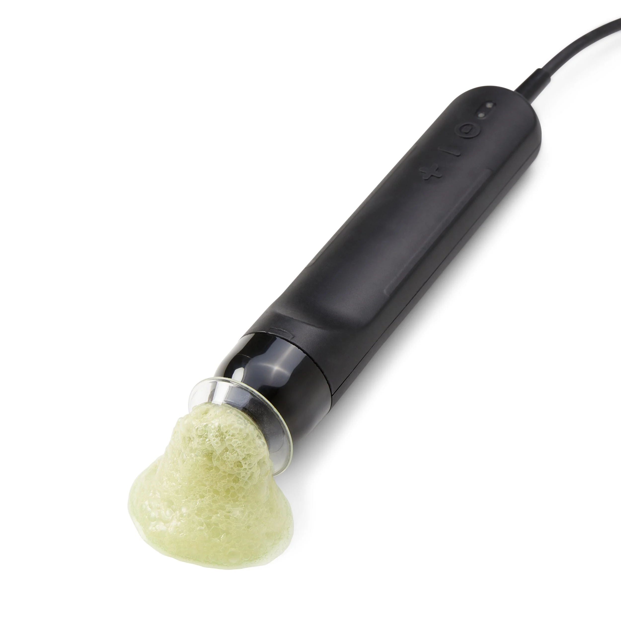 Electric cleaning scrubber with black handle and yellow foam cleaning pad attached.