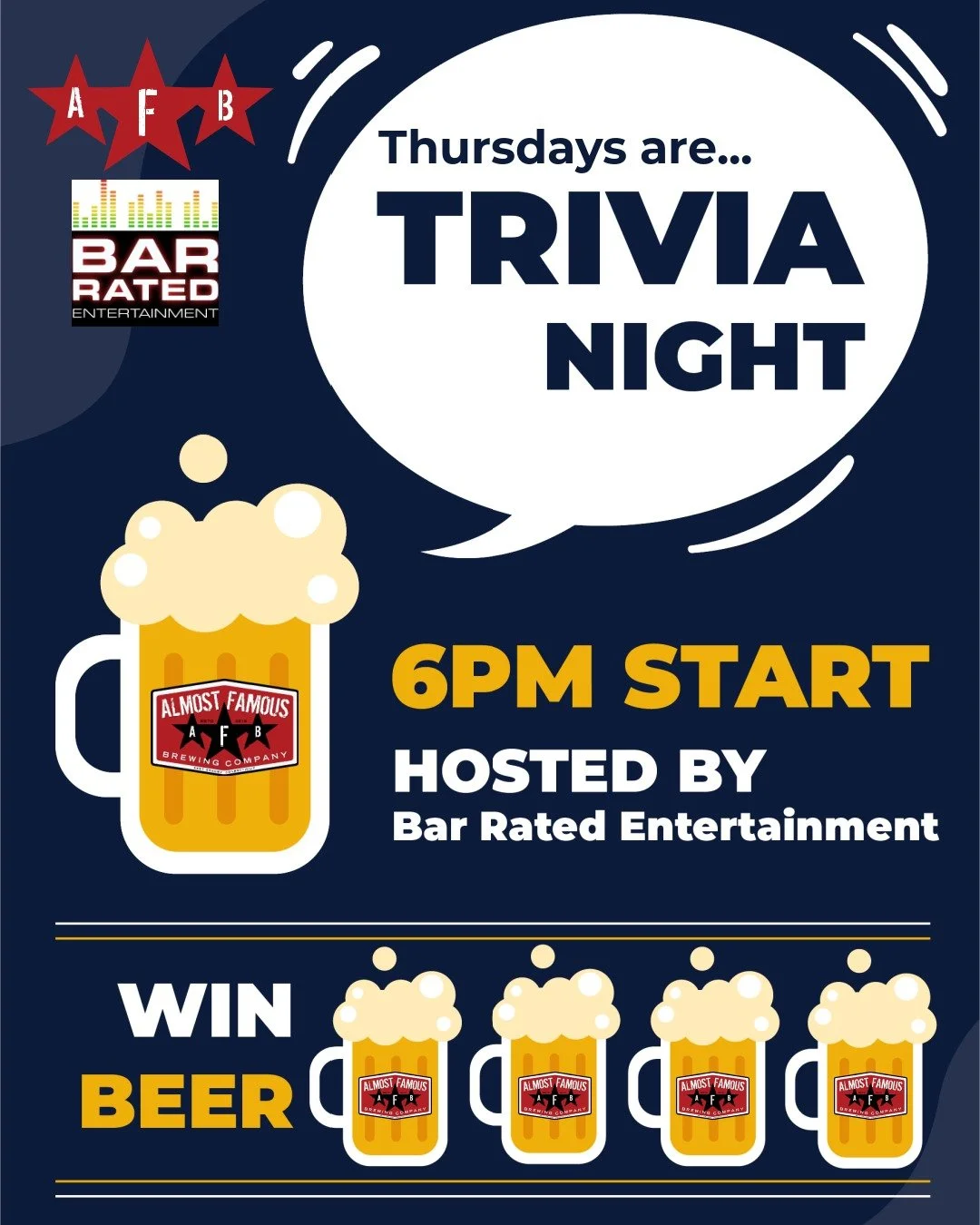 Live hosted trivia shows EVERY THURSDAY at Almost Famoust Brewing in #eastgranbyct. Gather your team... Grab some grub from your favorite local grub spot... Claim a table in our taproom... Order a fresh pint of your favorite AFBC brain juice... And s