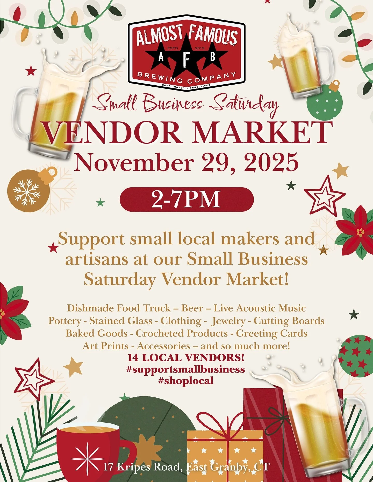 It&rsquo;s FREE and this is what you get:
🛍️Lots of talented vendors to shop for one-of-a-kind holiday gifts
🎶 afternoon acoustic music by @kevinhowardmusic and @pamcakesandbacon
🆓free parking
🎶 evening music by Second Nature
🍻holiday beer
🎱pin