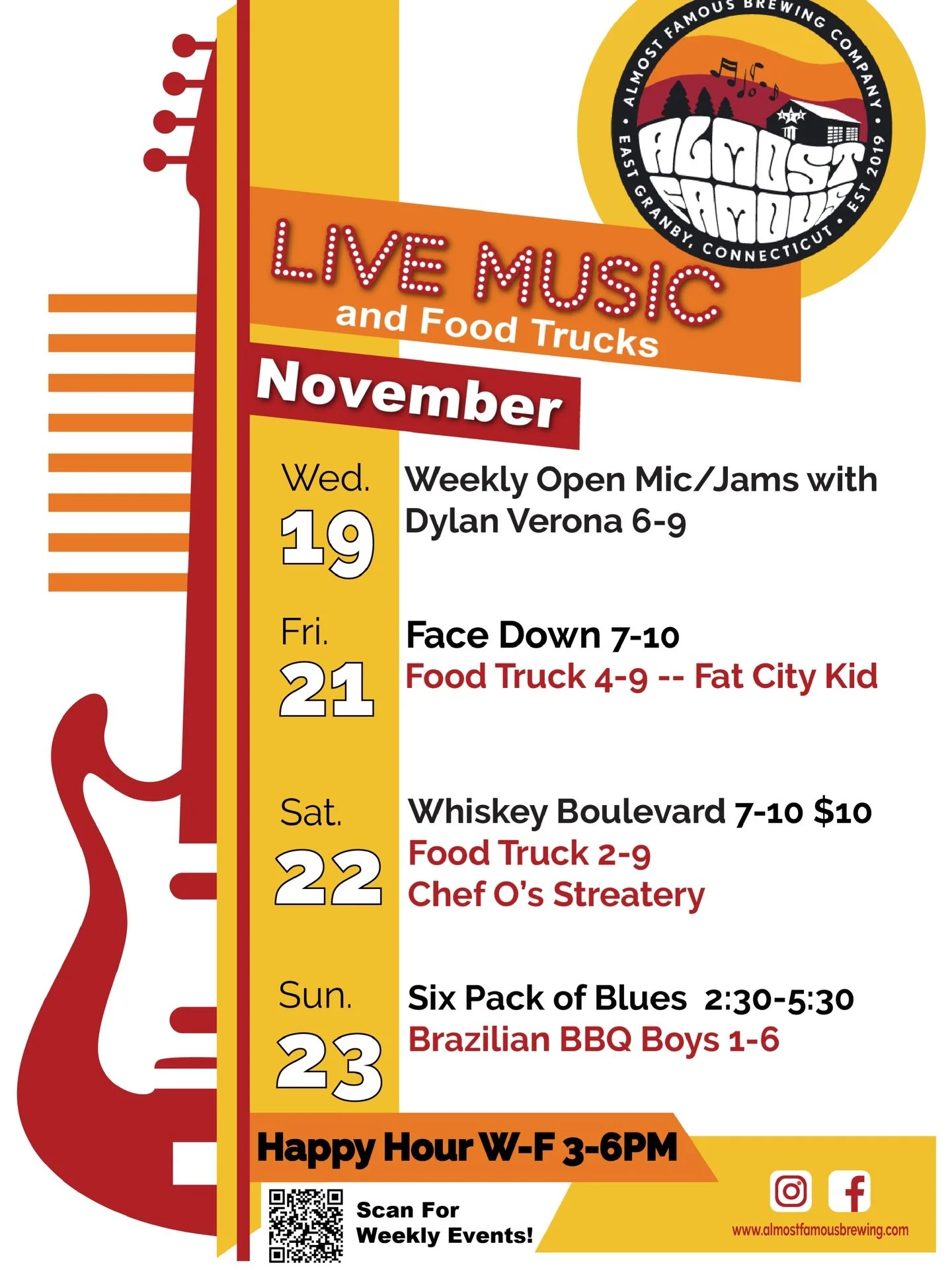 Top tier live music, killer food trucks, and lip smackin&rsquo; brews in a comfy, welcoming, high vibing taproom is what you&rsquo;ll find at Almost Famous Brewing Company in East Granby, CT! 

🍺Happy Hour W-F 3-6PM Select brews $5
🍺Pinball and Bil