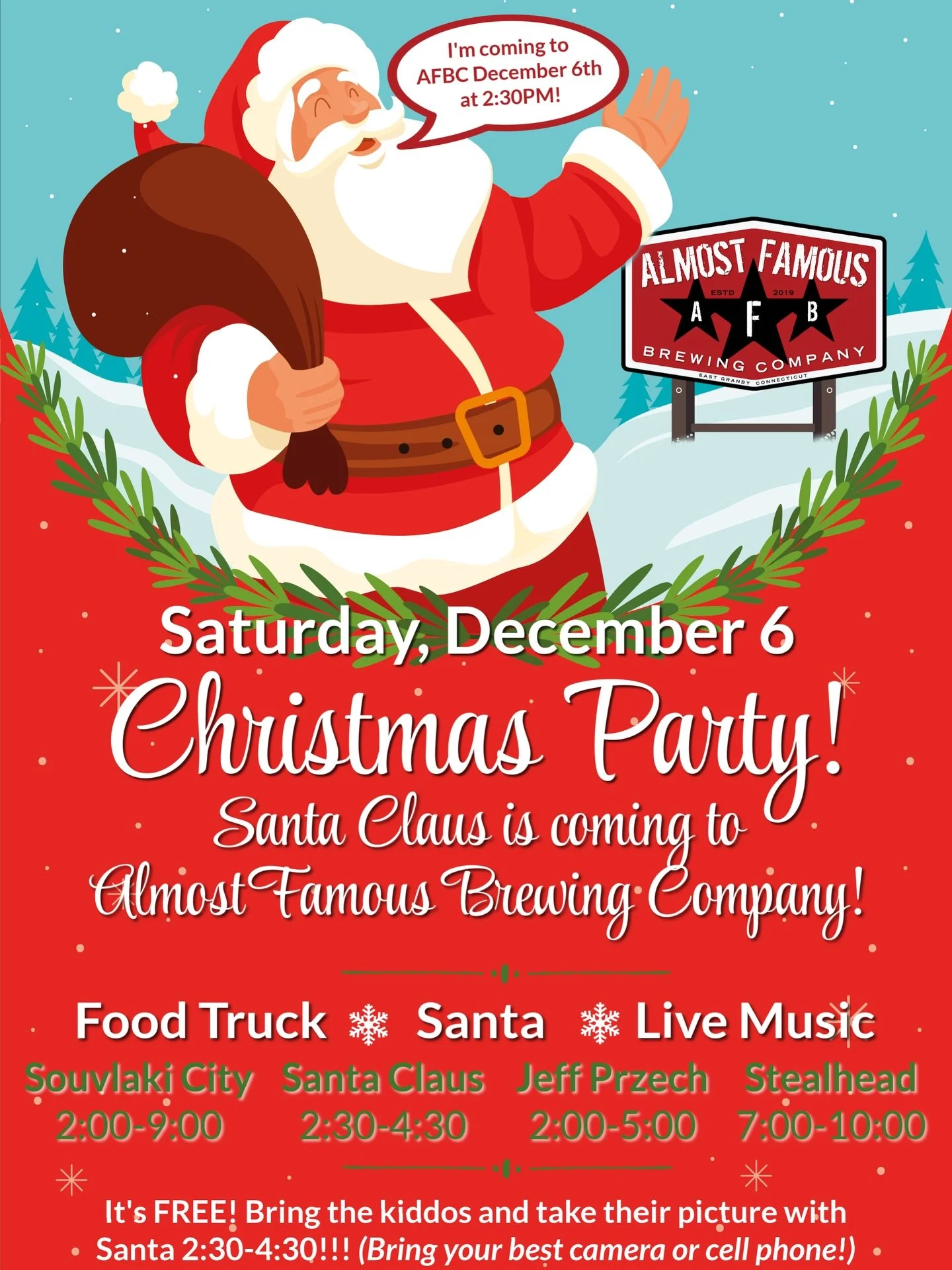 Come &ldquo;home&rdquo; to Almost Famous Brewing for a Christmastime this Saturday, December 6th! Bring the kiddos and the pups for a picture with Santa Claus 2:30-4:30! @jeffprzech with fill the taproom with his beautiful music during the day, and @