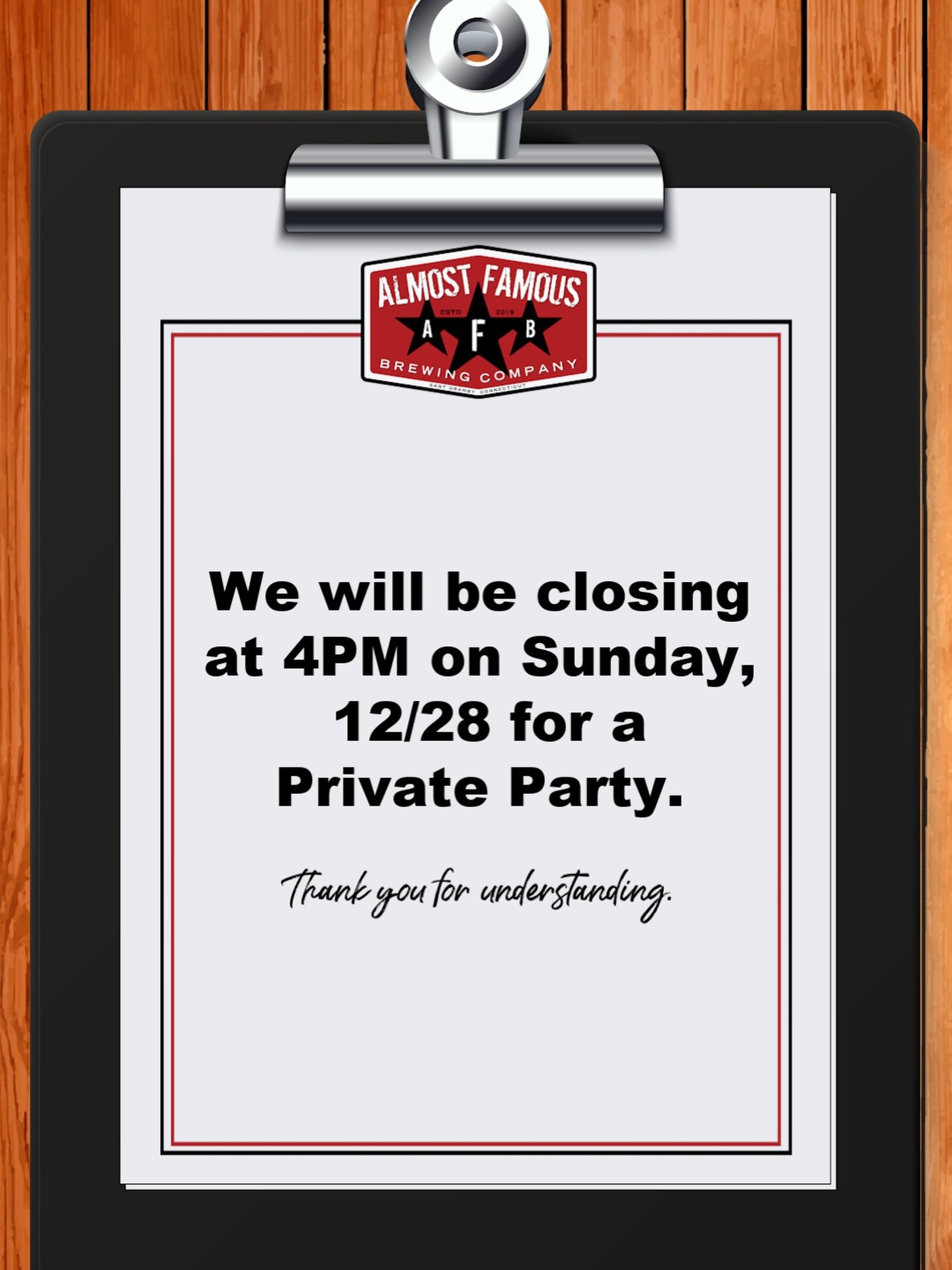To honor and thank staff in a big way for their hard work and dedication, we are closing to the public at 4PM on Sunday, December 28th to celebrate them. We hope you&rsquo;ll come grab a final pour or two on Sunday between 12 and 4PM. Thank you!

#ct