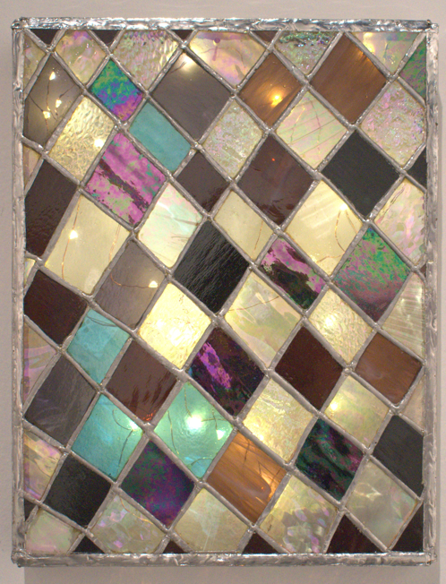 Shrine Piece, 2024, stained glass shadow box with string lights, from the solo exhibition Navigate, 9.5 x 12.5 in.
