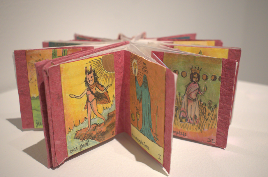 Bonnie the Fool, 2025, star book with handmade paper and mixed media illustrations, from solo exhibition Navigate, 8.5 x 8.5 x 3 in.