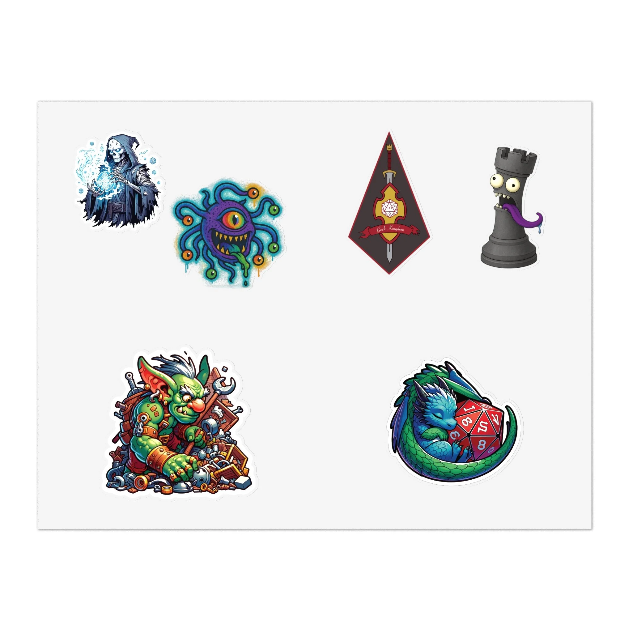 Collection of fantasy and gaming themed stickers including a wizard, a tentacled monster, a red banner with a sword and shield, a chess rook with a tongue, a goblin, and a blue and green dragon with a red die.