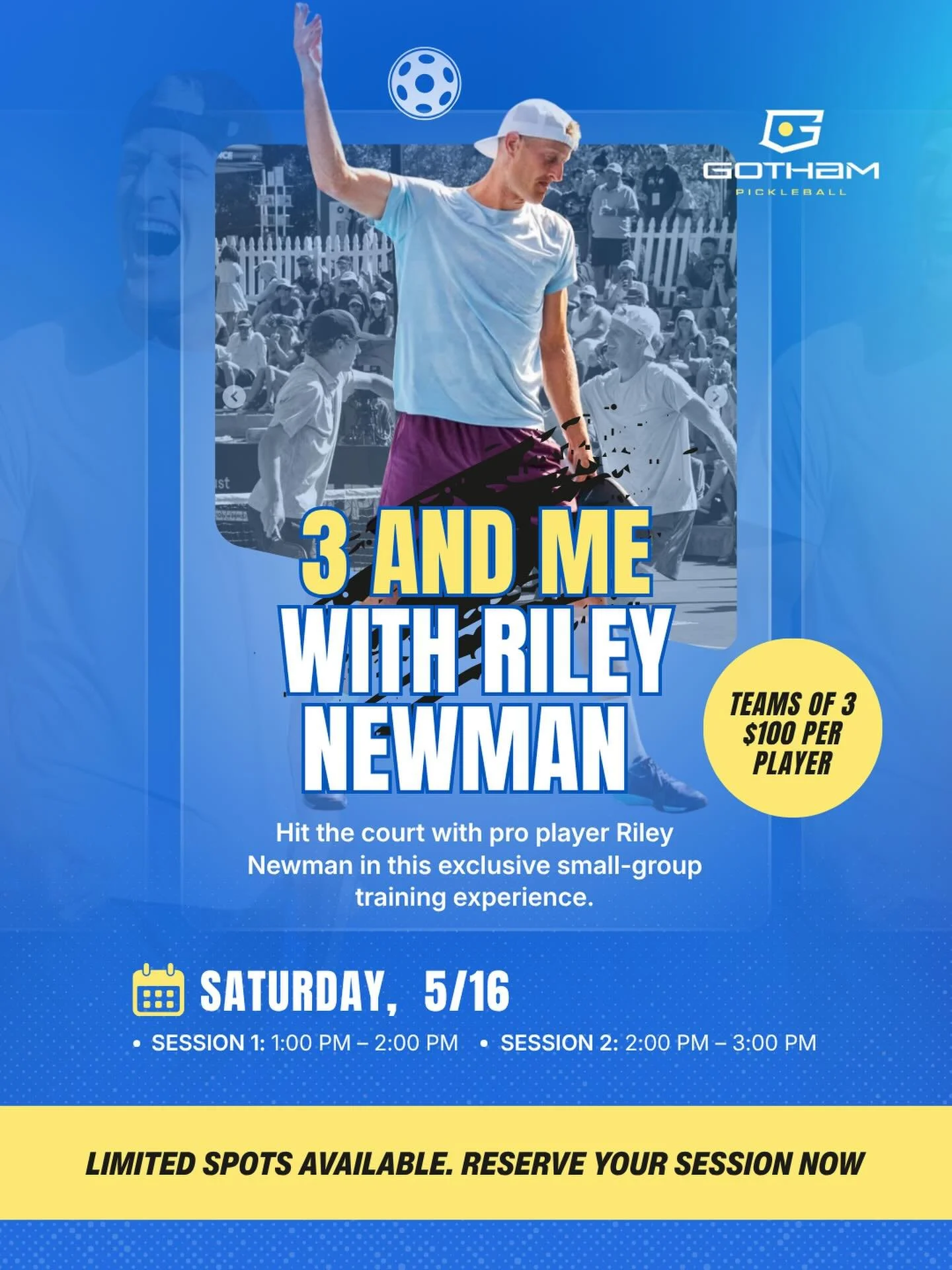 Want to play with the 9th-highest DUPR player on earth?

Join Riley Newman (6.7 DUPR) for a 1-hour 3-and-me session. Live point play with instant feedback on court positioning and shot selection.

Sign up with 2 friends. $100 per person. Register now