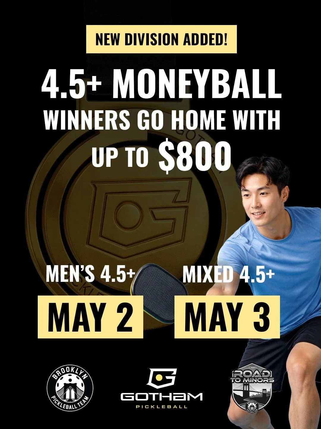 We've added a 4.5 Moneyball Division (4.25-5.0) to our RTM May tournament at Gotham in partnership with @brooklynpickleball.team 

&bull; Fixed partner format
&bull; $100 per player entry
&bull; Men&rsquo;s + Mixed divisions

&bull; Cash payout: half