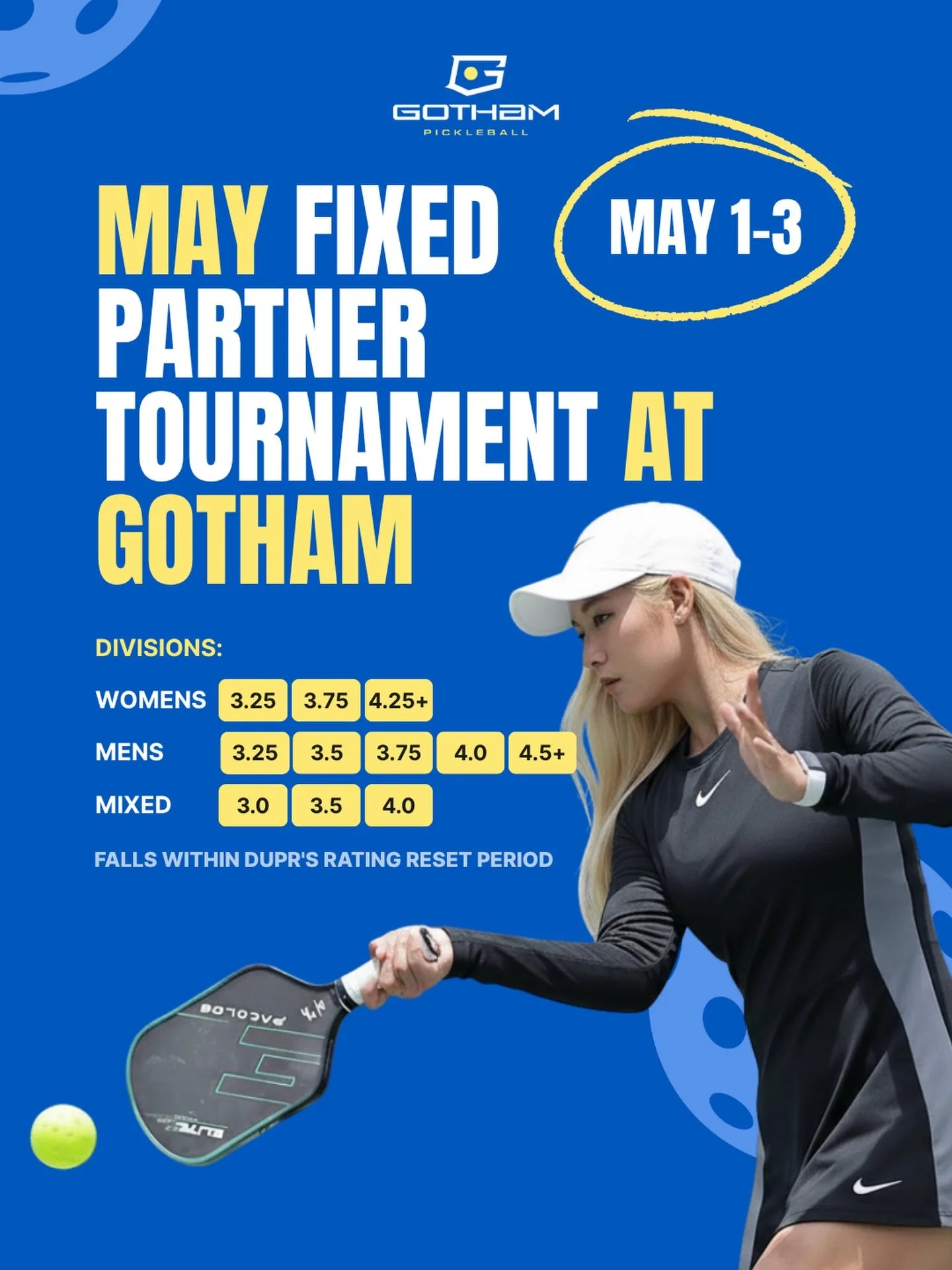 Our next fixed partner tournament with @brooklynpickleball.team and @brooklynpickleball_minorleague is May 1-3.

Registration is open now at Gotham.podplay.app