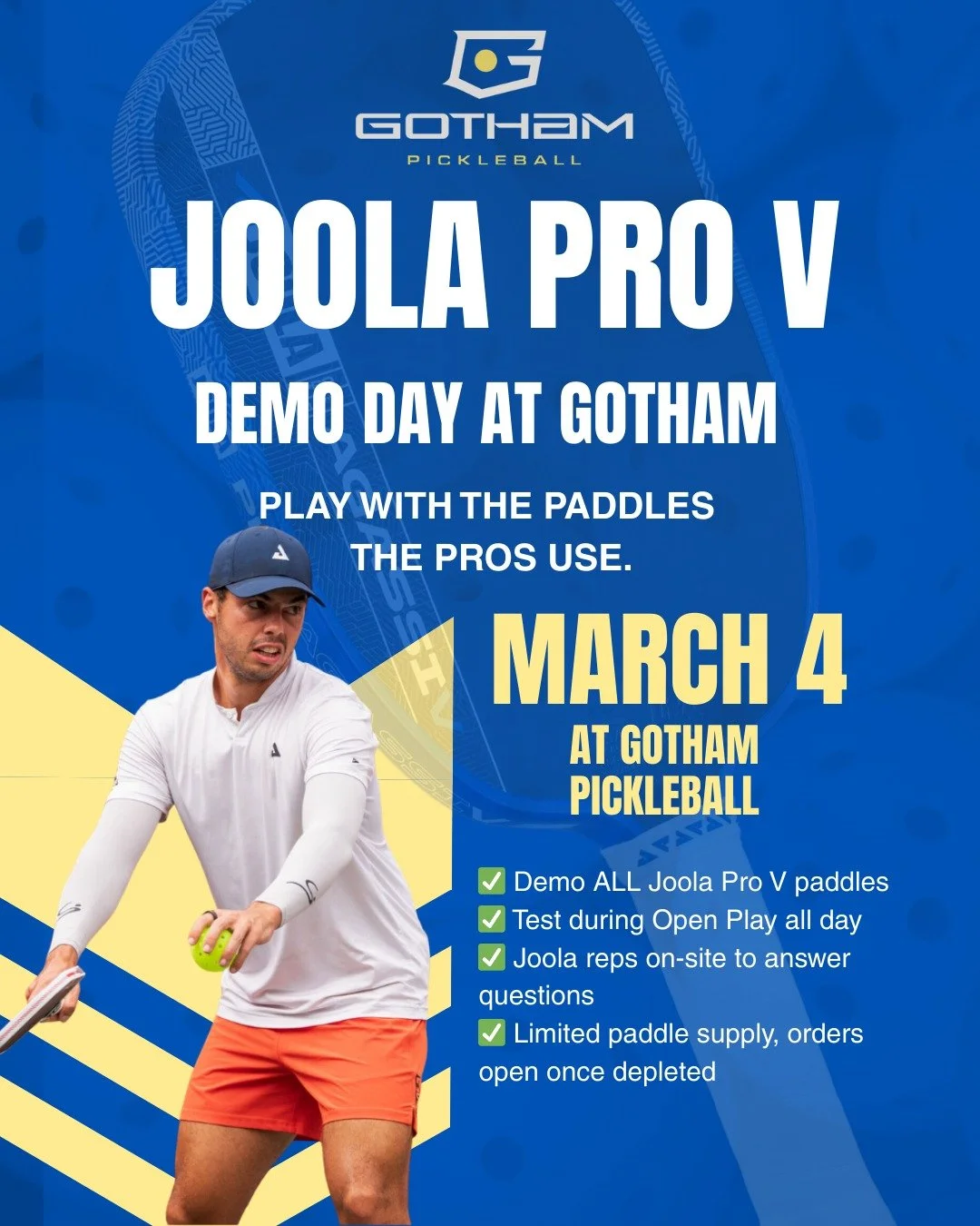 Join us for a full day of testing the new Pro V Joola paddles! We will have paddles available in the Perseus, Agassi, Hyperion, Scorpius, and Kosmos lines. 

We will have a small inventory in stock for purchase on site (at a discounted rate) and will
