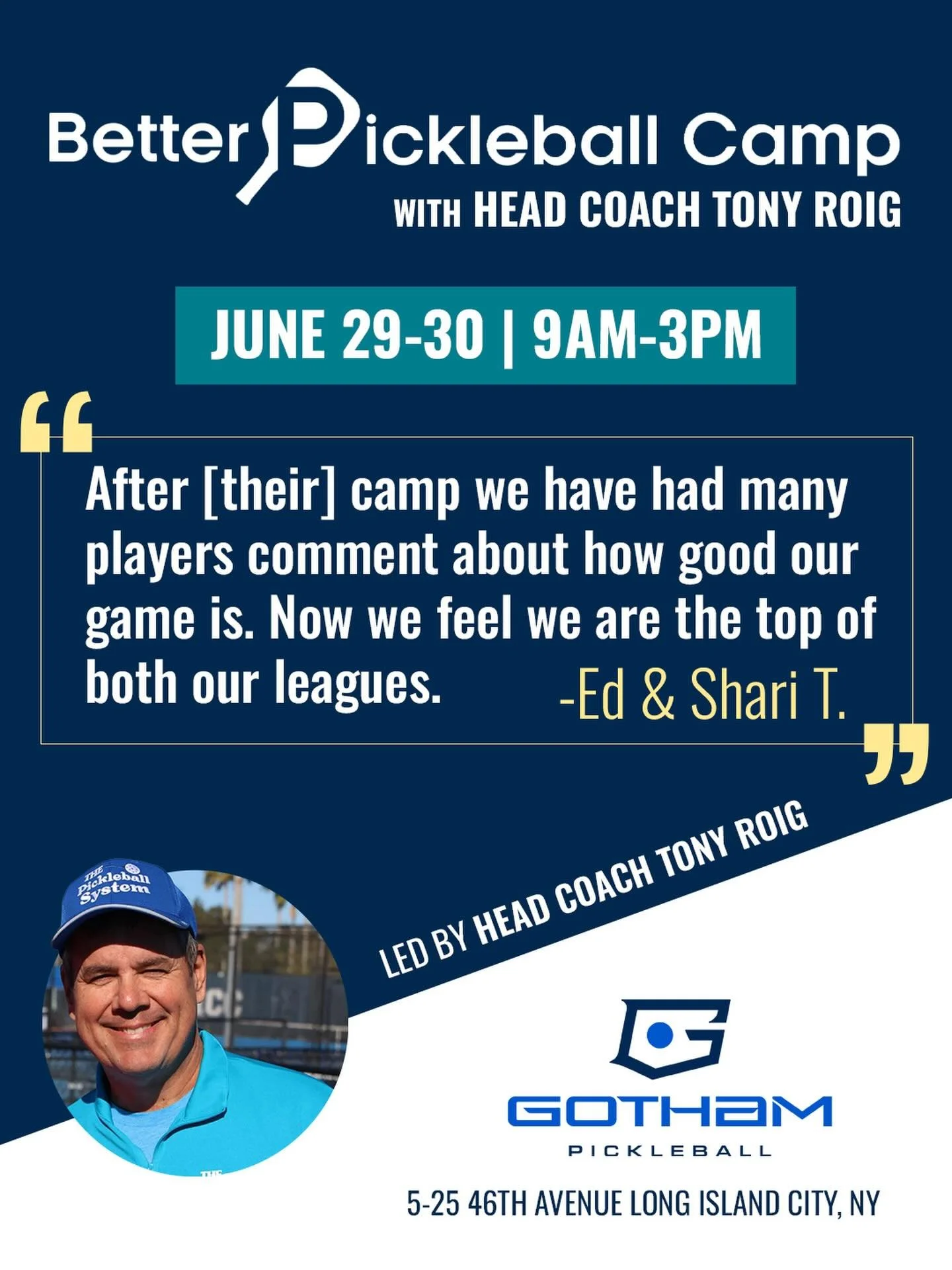 Ready to take your game to the next level?
We&rsquo;re excited to host the only Better Pickleball Camp in New York City, led by renowned coach Tony Roig. Over two days, you&rsquo;ll dive into a professionally designed curriculum covering the three pi