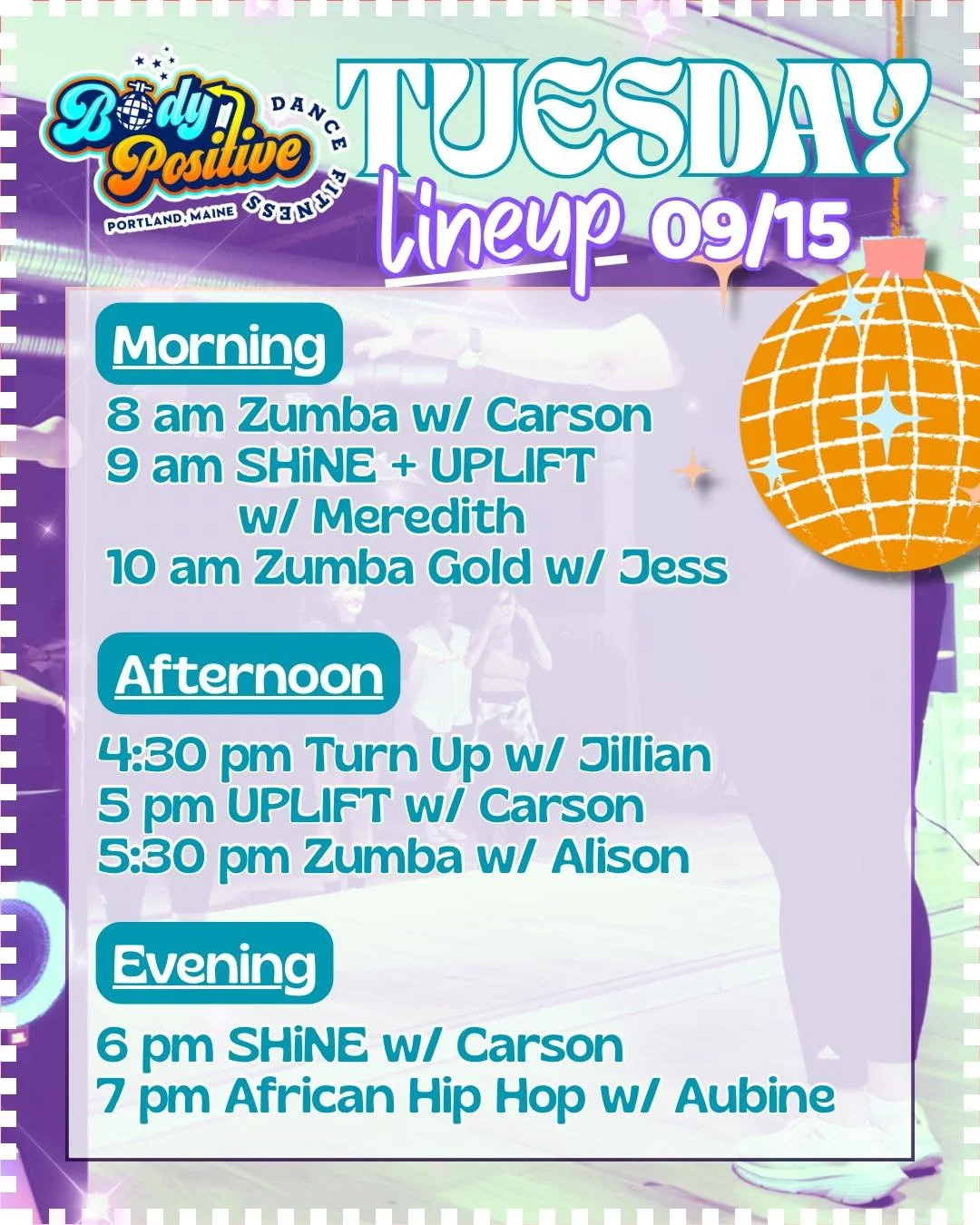 TUESDAY, SEPTEMBER 15, 2026

One step, one shimmy, one good WOOO at a time. However you move today, we hope you have some fun doing it. 🙌

#shinefitness #turnupdancefitness #hiphopdancefitness #shinelightdancefitness #upliftstrengthfitness #africanh
