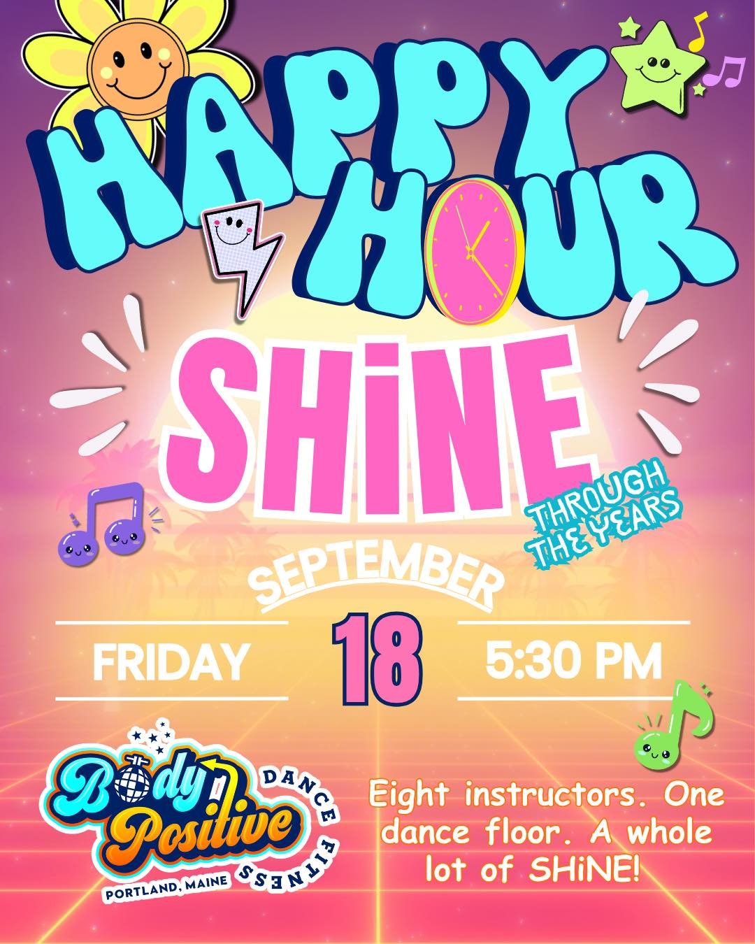 SHiNE Through the Years ✨ Friday Happy Hour
Friday, September 18 &bull; 5:30 PM

Eight instructors. One dance floor. A whole lot of SHiNE! Join us for a special team-taught Happy Hour featuring favorite SHiNE routines from every year, 2015&ndash;2026