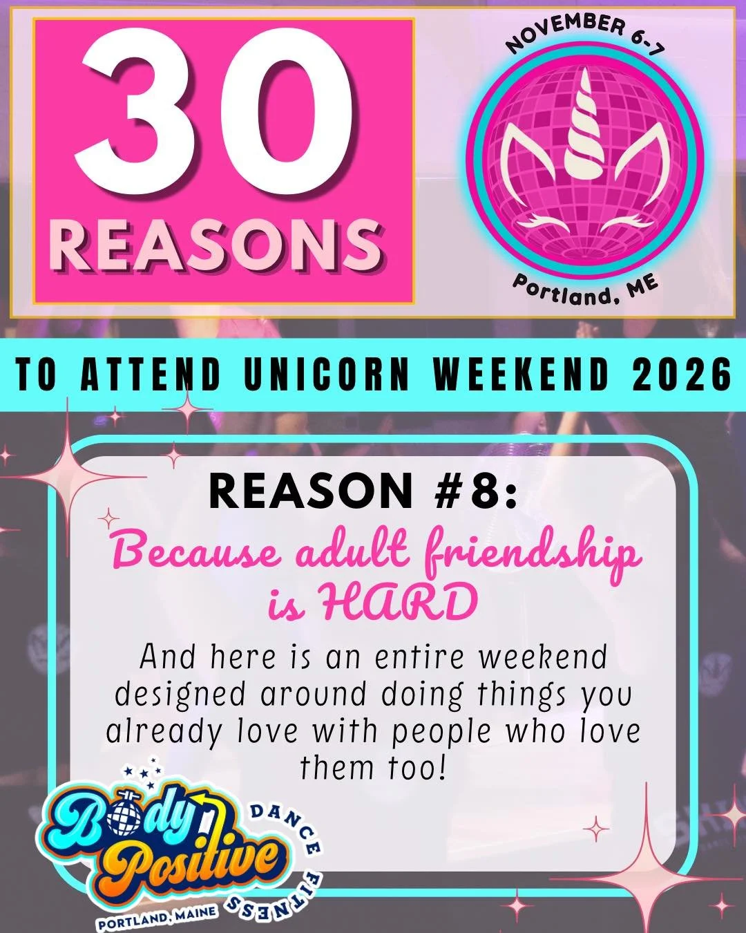 If &ldquo;did we just become best friends?&rdquo; was a weekend 🦄✨

🔗 Come find your bestie: https://www.bodypositivedancefitness.com/unicorn-weekend-2026

#weekendvibes #unicornweekend #unicornweekendportlandmaine #shinefitness  #shinelightdancefi