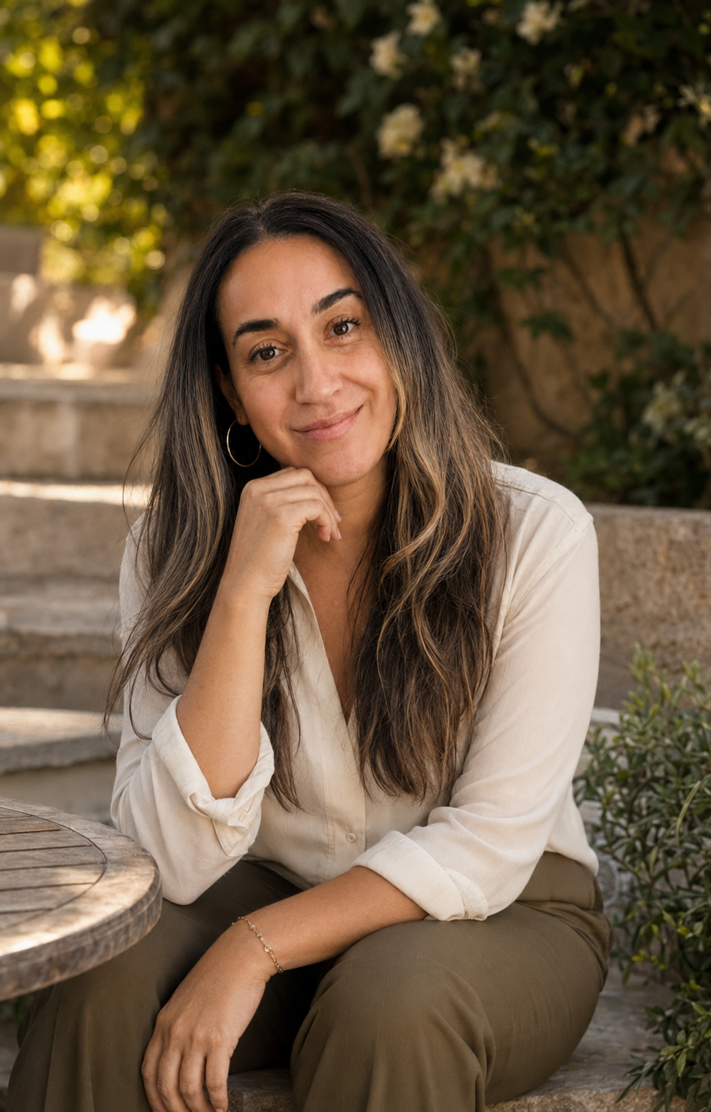 Allison Rosevelt, LMFT, seated outdoors in a garden setting for her New Jersey couples-therapy practice