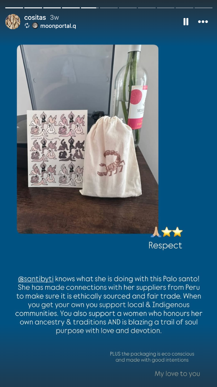 A collection of items on a wooden surface including a sheet of paper with cartoon illustrations of people doing yoga, a cloth bag with a scorpion logo, a tall glass bottle with a pink label and green plants inside, and a laptop in the background.