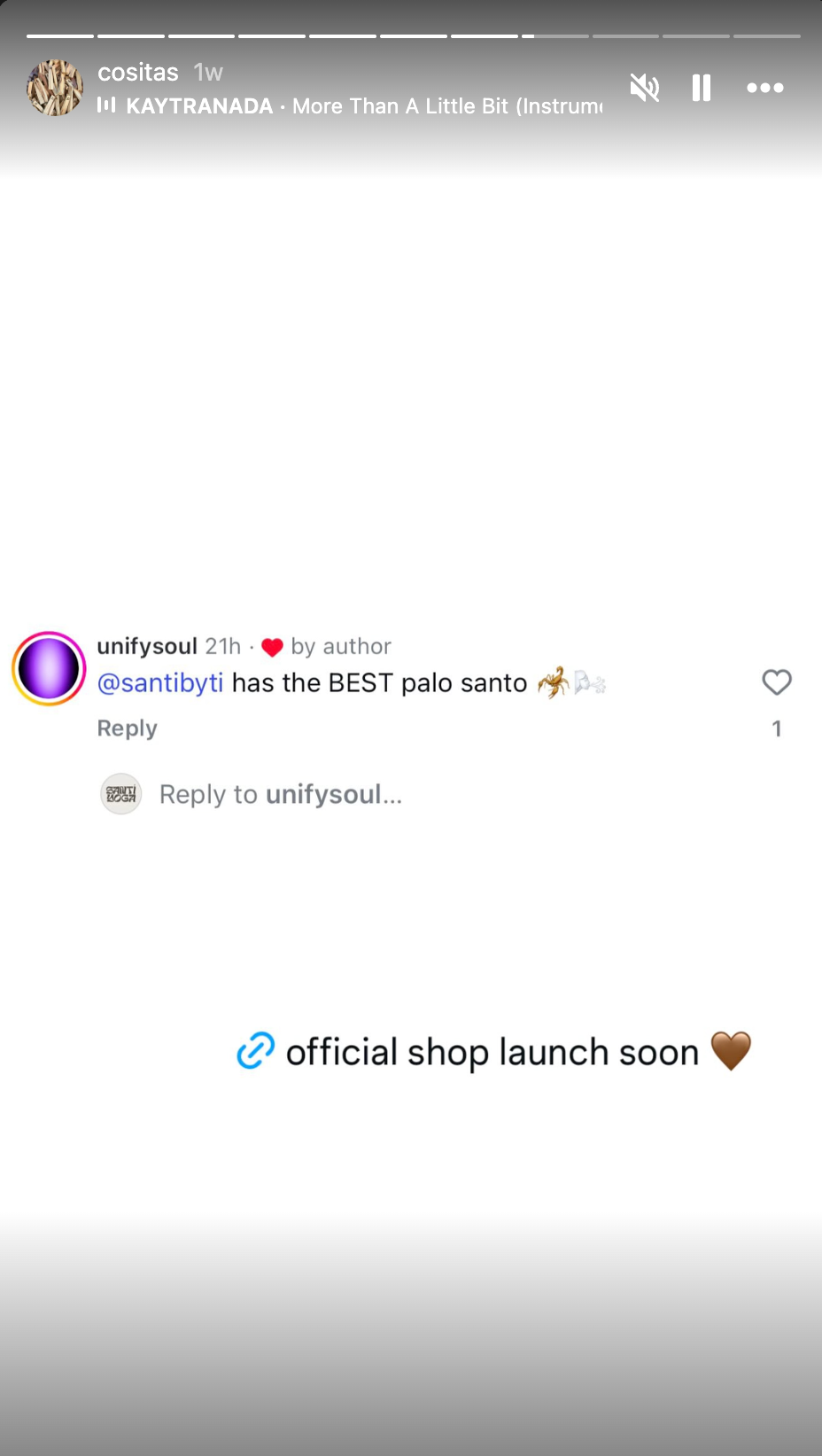 Instagram post announcing a new product, with the caption 'official shop launch soon' and a brown heart emoji.