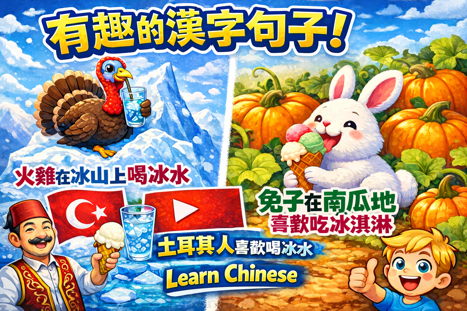 052 Chinese Characters｜Learn Chinese with Ice 🧊 &amp; Fun Sentence Patterns | 冰水 · 冰山 · 冰淇淋